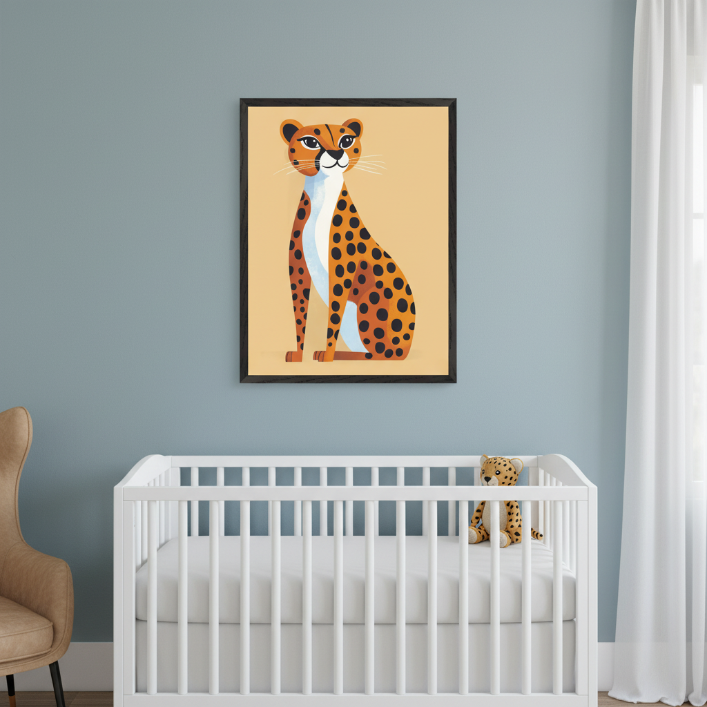 Modern nursery with a white crib against a blue wall. A dark-framed stylized illustration of a sitting spotted cheetah hangs above the crib. A tan armchair is partially visible left, and a cheetah plush toy sits in the crib.