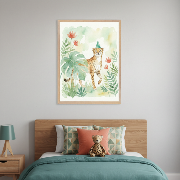 Kid's bedroom. Wooden bed with teal bedding, patterned and coral pillows, cheetah plush, and a nightstand with a teal lamp. Above the bed, a framed watercolor of a smiling cheetah in a party hat, amidst tropical leaves and red flowers.