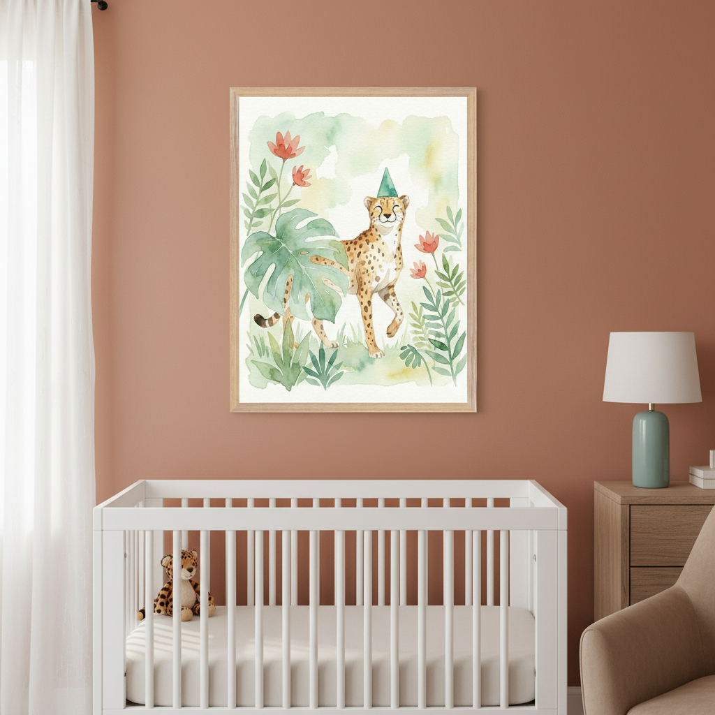 Modern nursery with terracotta walls. A large framed watercolor print of a smiling cheetah with a party hat among green leaves and red flowers hangs centered above a white crib. A wooden nightstand with a teal lamp and part of a beige armchair are to the right.