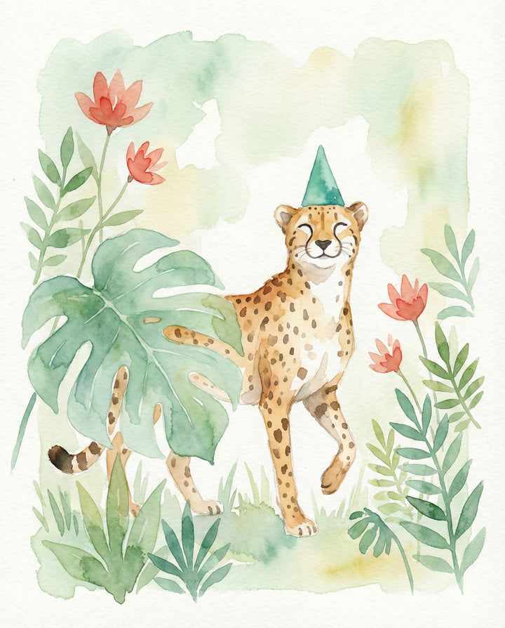 A cheerful watercolor of a smiling cheetah wearing a green party hat surrounded by tropical leaves and soft flowers making it a fun and playful jungle animal print.
