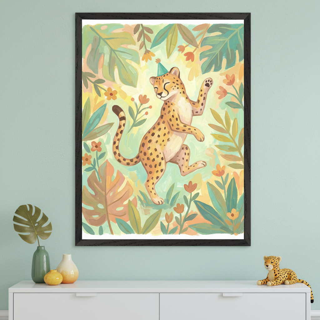 Modern child's room with a white dresser. A large framed artwork depicts a happy, dancing cheetah wearing a party hat amidst jungle foliage, centered above the dresser. A green vase with a monstera leaf, two yellow decor items, and a cheetah plush sit on the dresser.