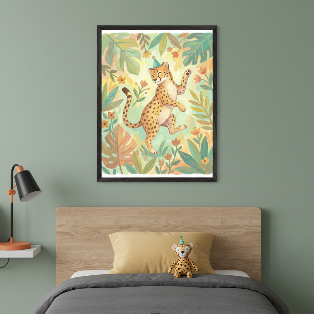 Kid's bedroom with a wooden headboard and bed. A large framed watercolor-style painting of a dancing cheetah in a party hat among tropical plants hangs above the bed. A matching cheetah stuffed animal sits on a yellow pillow. A black and orange lamp is on a white shelf to the left.