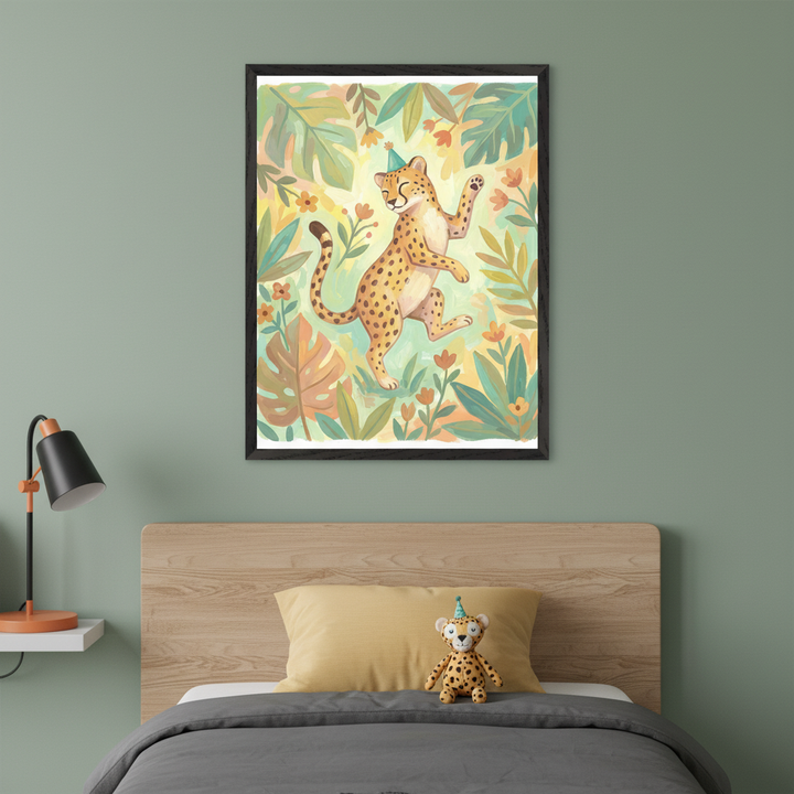 Kid's bedroom with a wooden headboard and bed. A large framed watercolor-style painting of a dancing cheetah in a party hat among tropical plants hangs above the bed. A matching cheetah stuffed animal sits on a yellow pillow. A black and orange lamp is on a white shelf to the left.