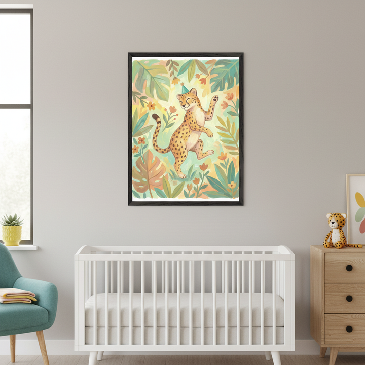 Modern nursery with a white crib and wooden dresser. A large framed illustration of a dancing cheetah with a party hat amidst tropical leaves and flowers hangs above the crib. A teal armchair is to the left.
