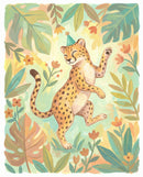A vibrant and whimsical illustration of a happy cheetah dancing with one paw raised among colorful leaves and flowers while wearing a party hat creating a festive animal-themed art piece.
