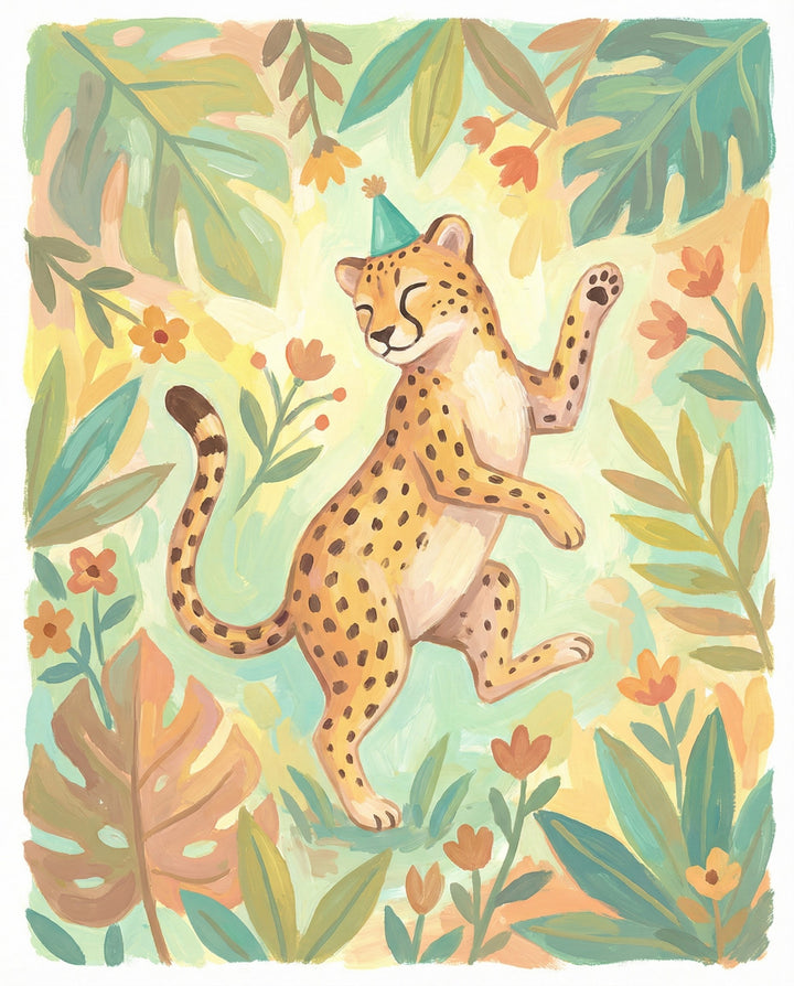 A vibrant and whimsical illustration of a happy cheetah dancing with one paw raised among colorful leaves and flowers while wearing a party hat creating a festive animal-themed art piece.
