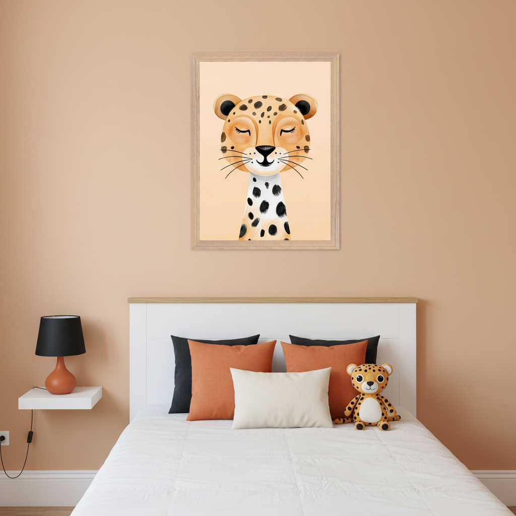 Kid's bedroom with a white bed and headboard. A light wood framed cartoon illustration of a sleeping cheetah with black spots hangs centered above the bed. A white floating nightstand with an orange lamp is on the left. A stuffed cheetah toy sits on the bed.