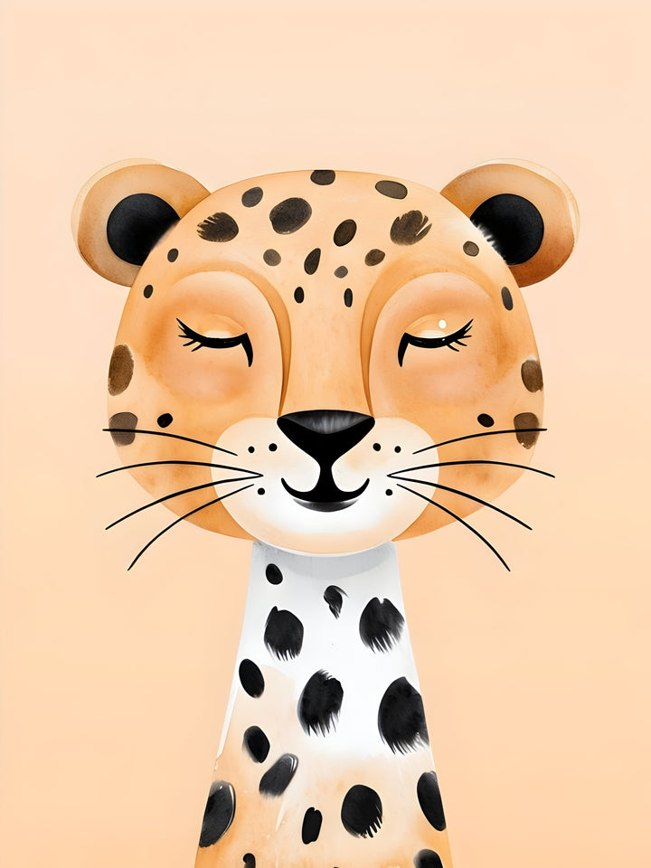 A cute illustration of a smiling cheetah with closed eyes, featuring a light orange and white body adorned with black spots. The background is a soft peach color, adding to the charming and serene appearance of the artwork.