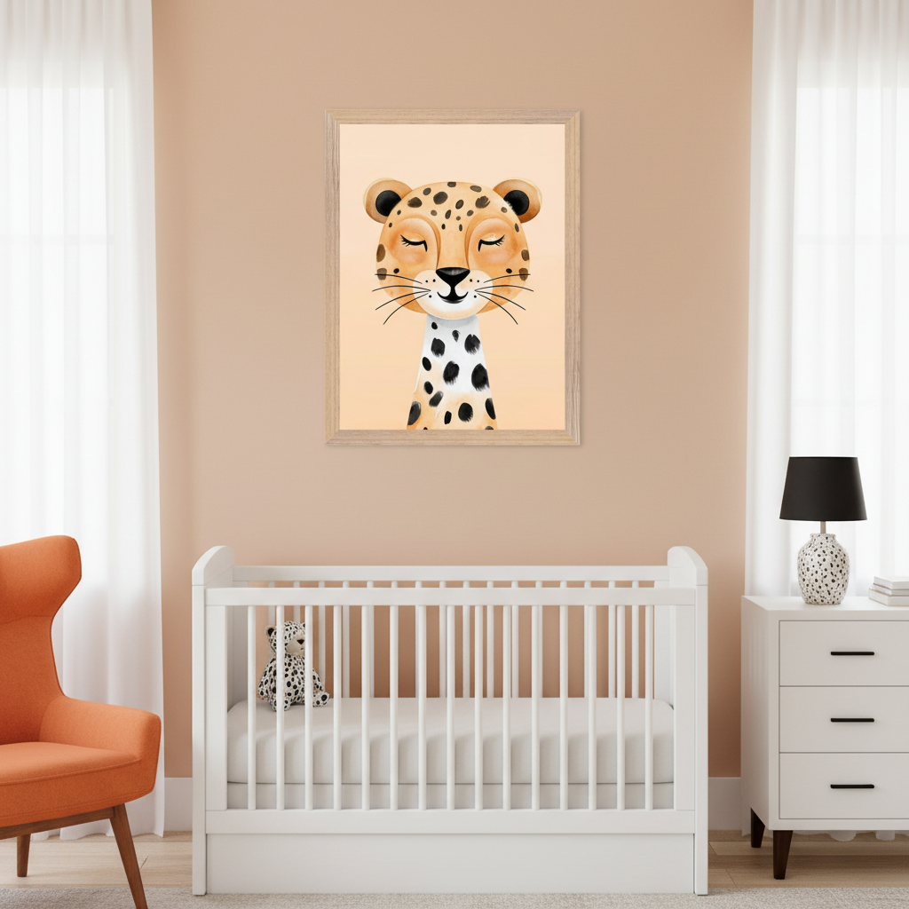 Modern nursery with a white crib, orange armchair, and white dresser. A framed cartoon cheetah with closed eyes hangs above the crib. A matching spotted plush toy sits in the crib, and a black and white lamp is on the dresser.