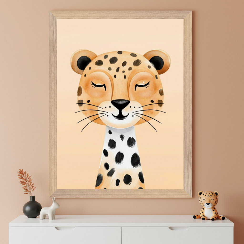 Modern kid's room with a white dresser. A large framed watercolor print of a sleeping cartoon leopard hangs centered above the dresser. On the dresser are a black vase with dried foliage, a white bunny figurine, and a small sleeping leopard toy.