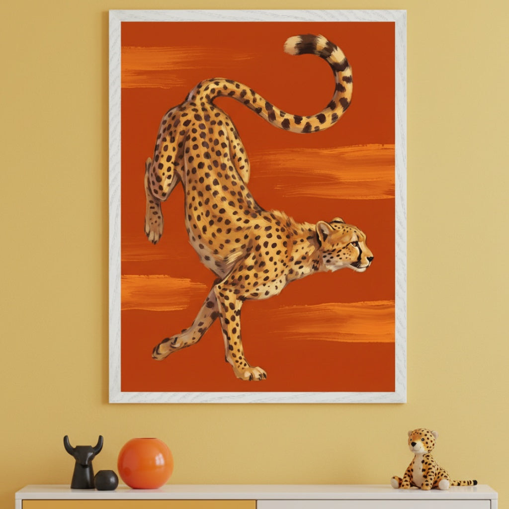 Modern kid's room with a white and yellow dresser. A large framed illustration of a leaping cheetah on a brushstroke orange background hangs above the dresser. A black bull figurine, an orange vase, and a cheetah plush toy are on the dresser.