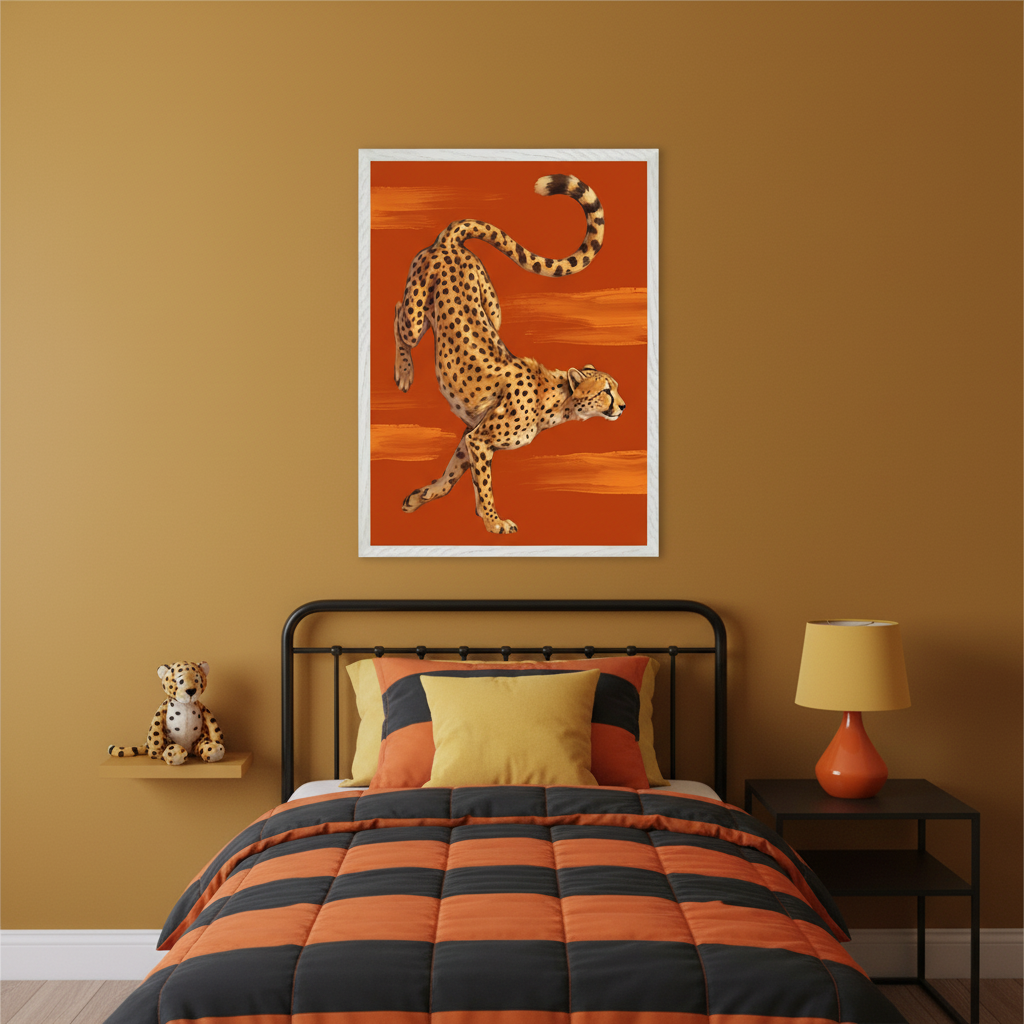 Kid's bedroom with a black metal bed and orange and black striped bedding. A large framed print of a cheetah in motion on an orange brushstroke background hangs centered above the bed. A cheetah plushie sits on a shelf to the left.