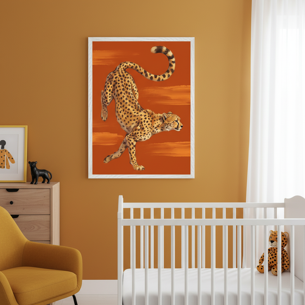 Modern nursery with a white crib, wooden dresser, and yellow armchair. A large framed illustration of a running cheetah on a textured orange background hangs on the wall above the furniture.