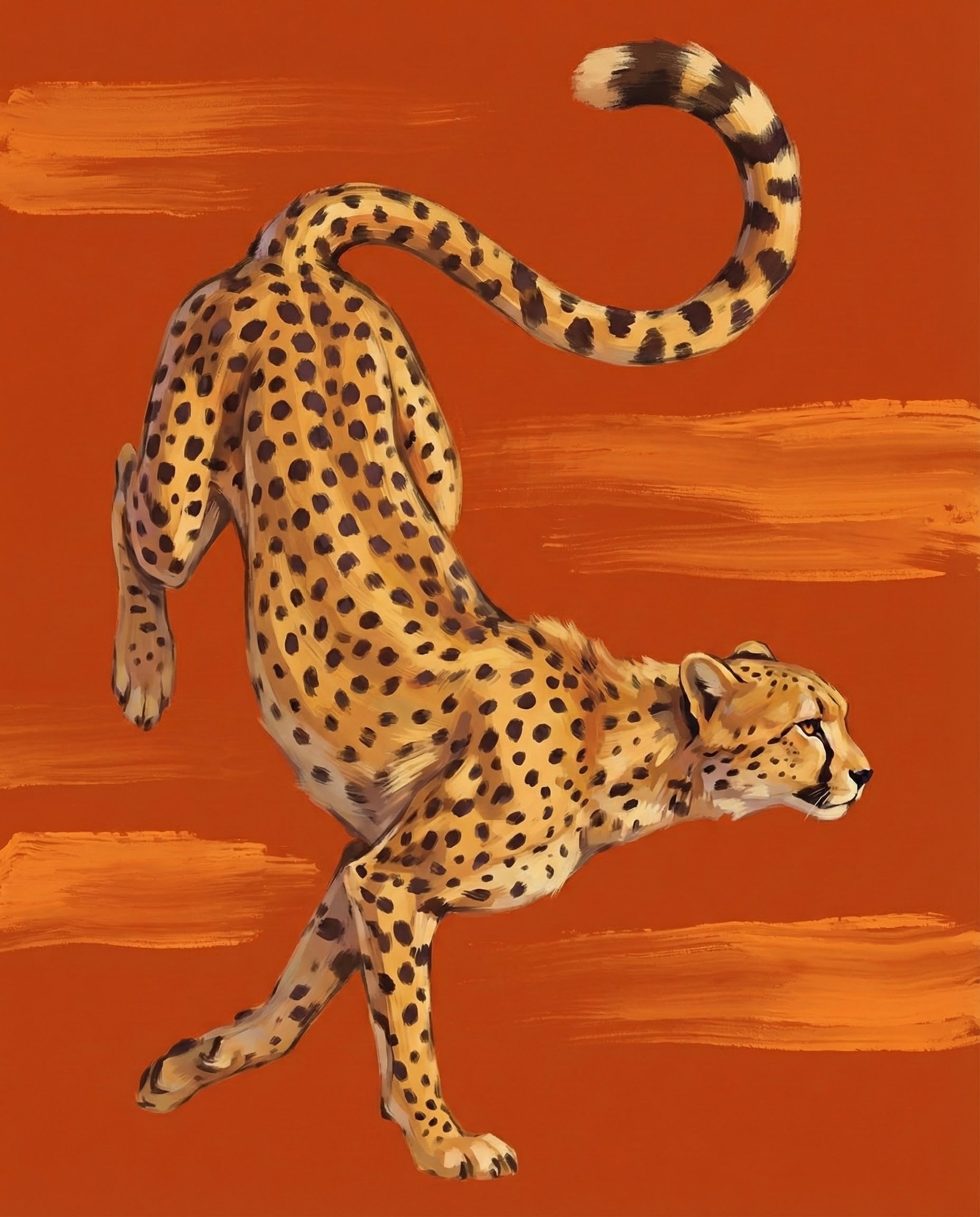 A stylized illustration of a cheetah caught mid-leap with its back arched and tail curved high, set against a burnt orange background with painterly strokes. The pose emphasizes agility and explosive motion.
