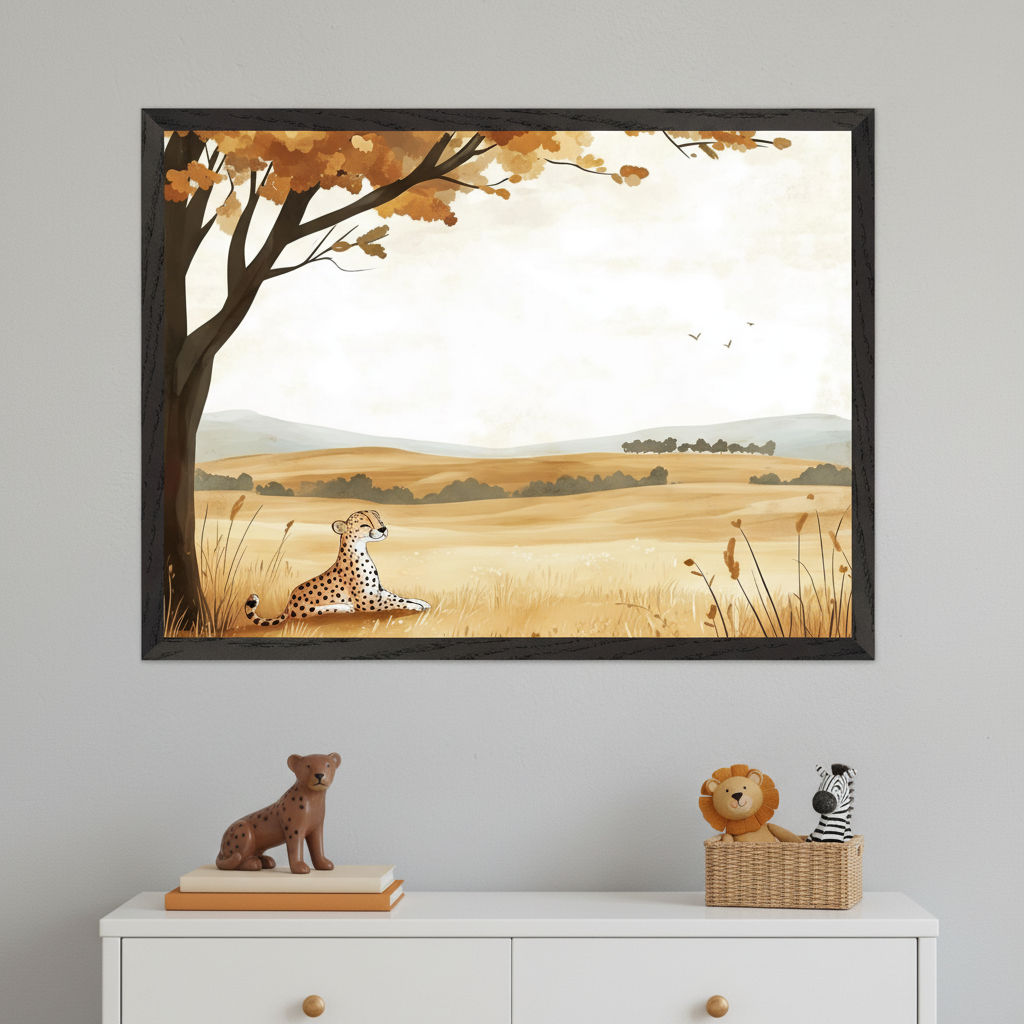 Framed wall art of a cheetah resting under a tree in a golden savanna landscape with rolling hills, soft skies, and distant birds flying. The image hangs above a white dresser topped with plush animal toys and a spotted figurine, giving the space a cozy, safari-themed nursery vibe.