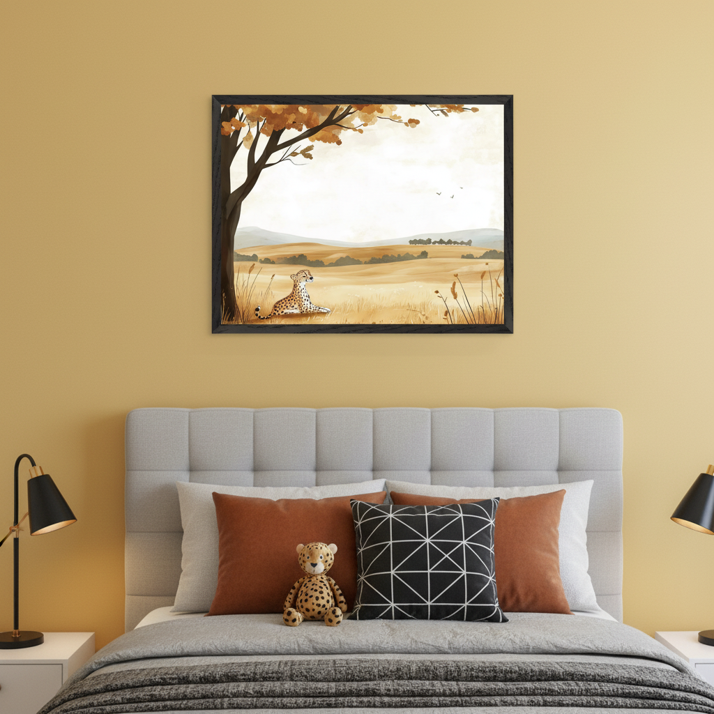 Modern kid's bedroom with a gray upholstered bed. A large framed illustration of a cheetah under a tree in a savanna landscape hangs above the bed. A stuffed cheetah toy is on the bed.