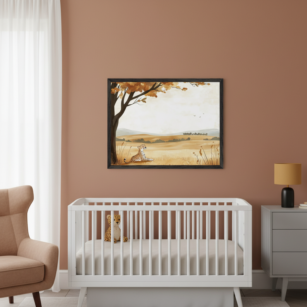 Modern nursery with a white crib, tan armchair, and gray dresser. A large framed painting of a cheetah under a tree in a golden field hangs on a terracotta wall, centered above the crib.
