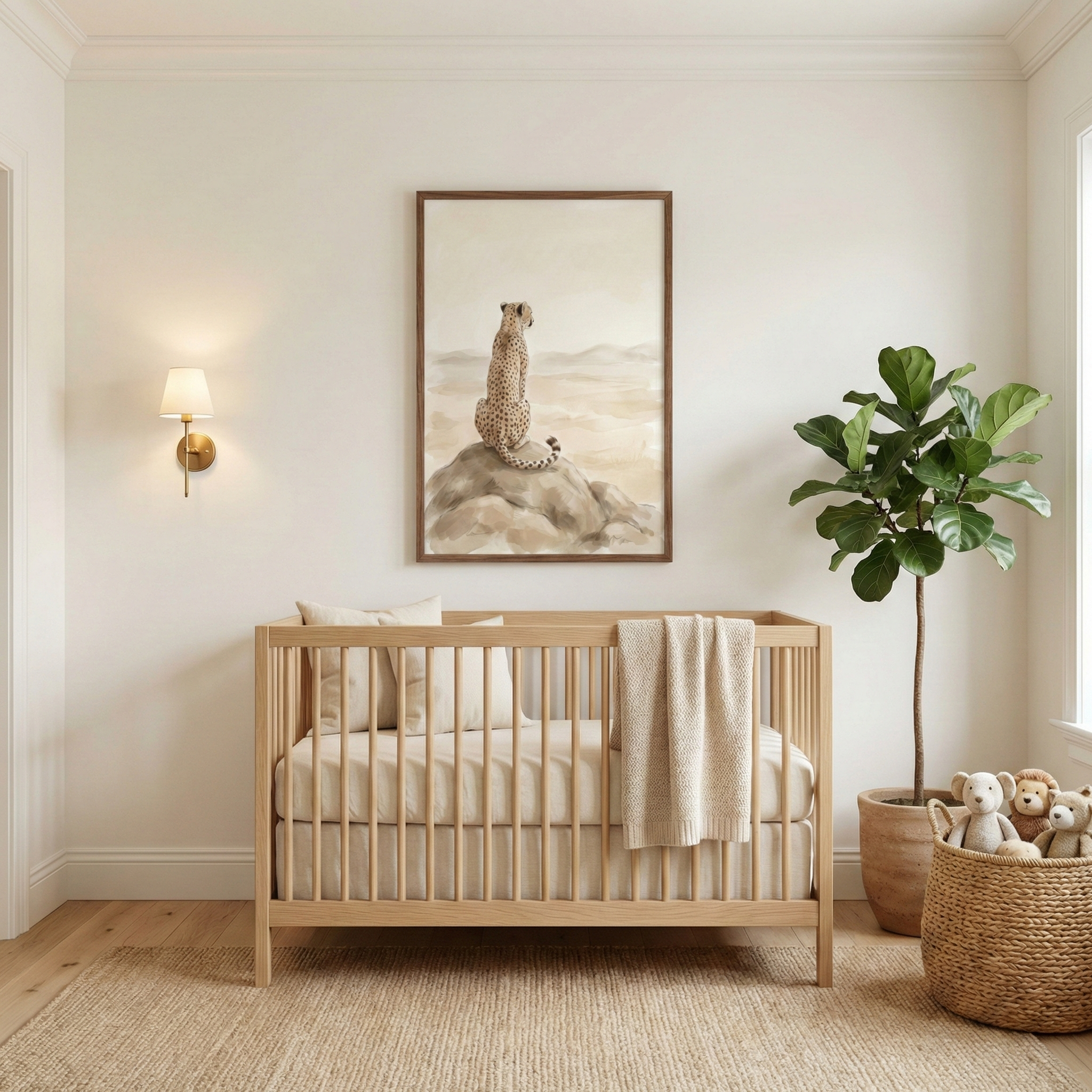 A peaceful nursery features a light wood crib positioned against a cream-colored wall. Above it, a large framed artwork displays a cheetah sitting on a rock, gazing across a vast, soft-toned landscape. To the left, a brass wall lamp with a white shade provides a gentle glow. To the right stands a tall leafy plant in a simple ceramic pot, and a woven basket overflowing with plush toy animals sits on the textured rug. The crib is adorned with neutral-toned bedding and a cozy knitted throw.