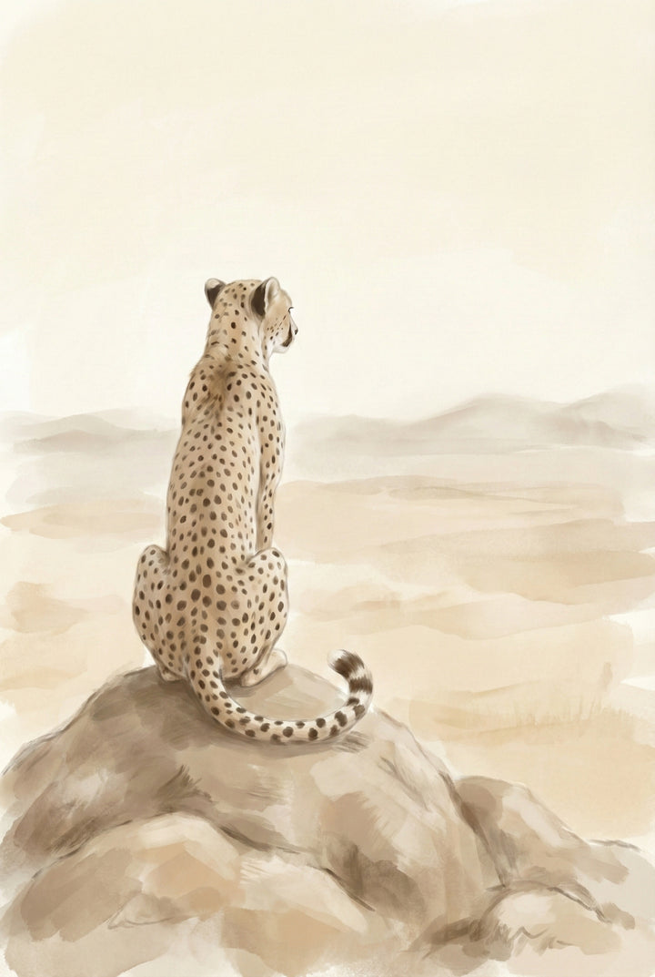 Sepia watercolor artwork of a cheetah sitting on a rocky outcrop, gazing over a misty savanna horizon in soft earth-toned hues.

