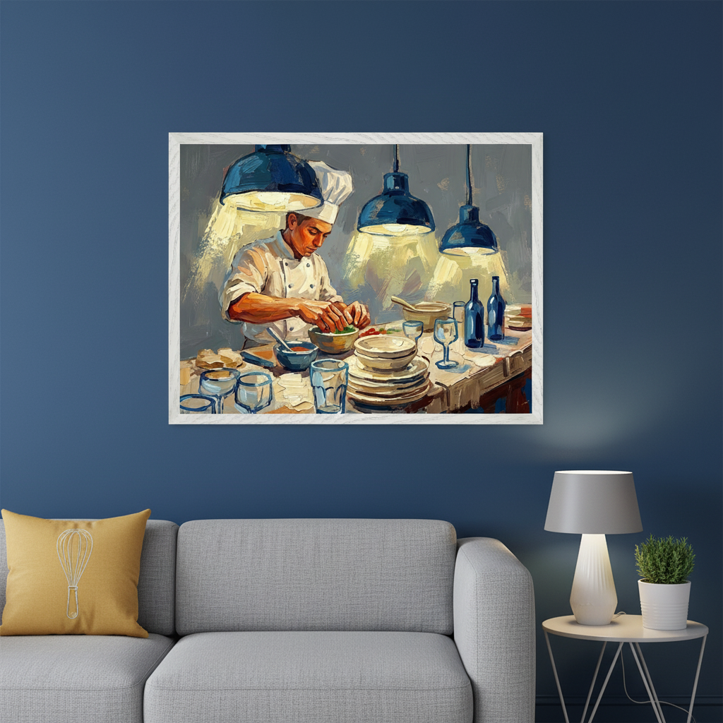 Modern living room with dark blue walls and a gray sofa. A framed painterly artwork depicting a chef cooking at a counter with bowls, plates, and bottles under three lamps, hangs above the sofa.