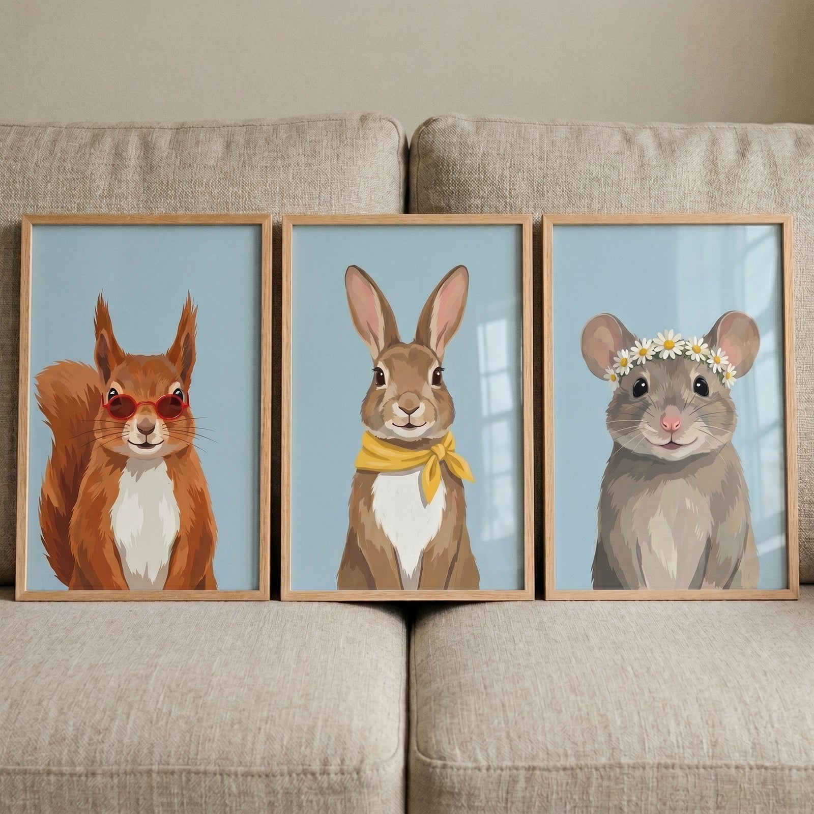 Chic accessory woodland animal wall art set of 3 with a squirrel, rabbit, and mouse wearing sunglasses, a scarf, and crown.