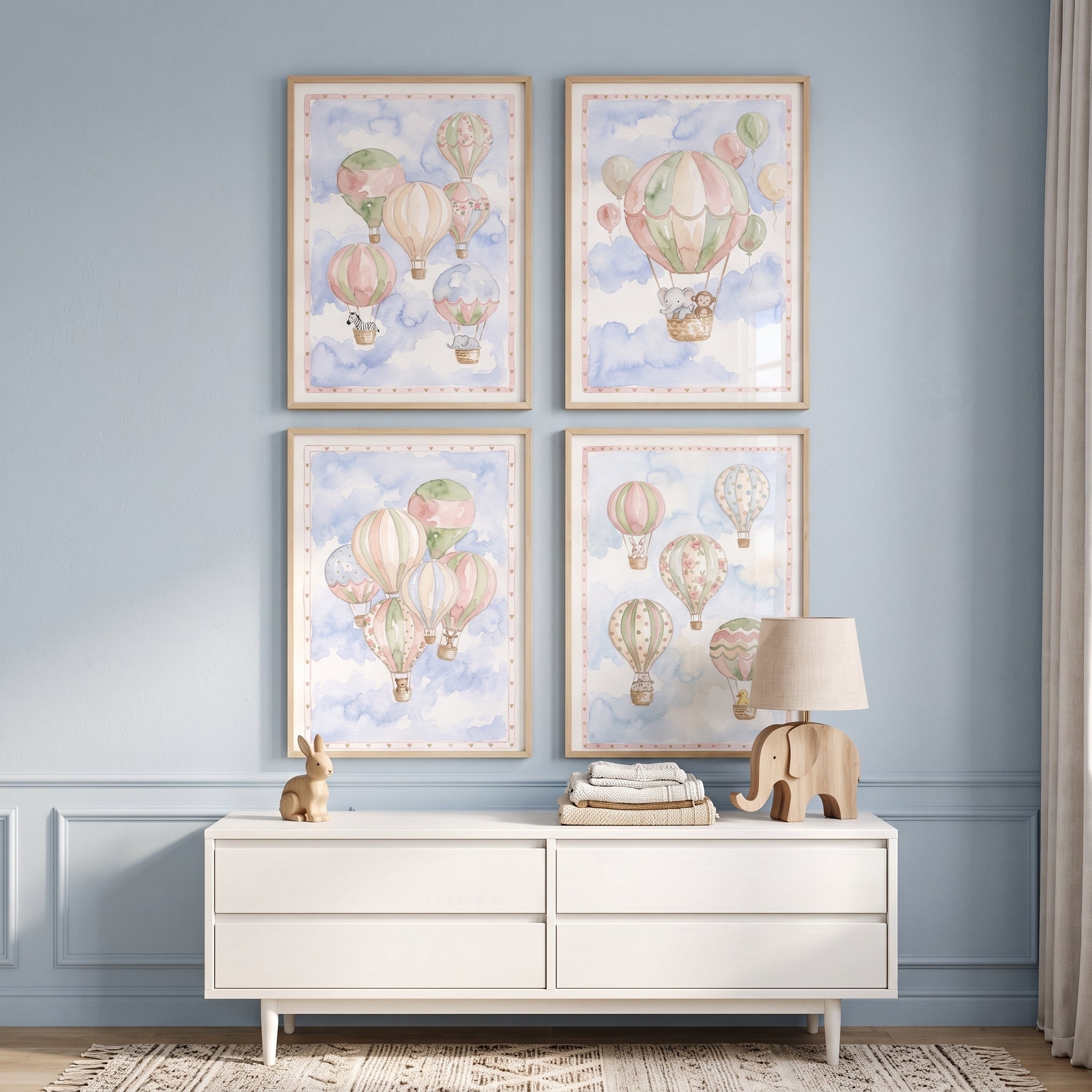 Chic Blush Hot Air Balloon Artwork Set Of 4 - Pastel Balloon Dreams