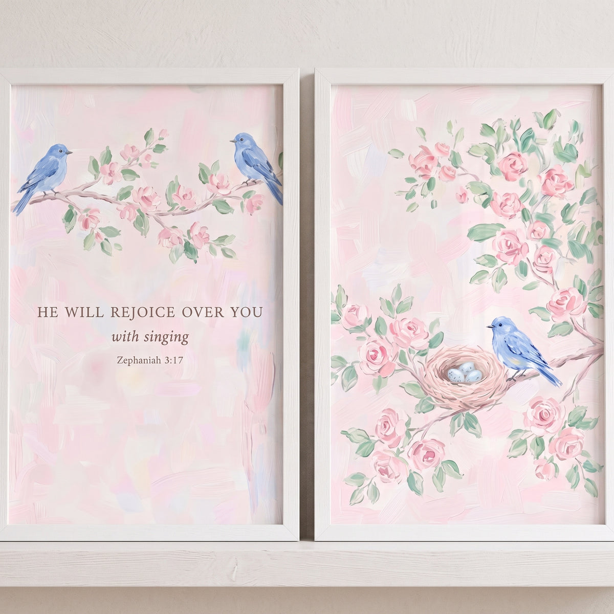 Chic floral blue bird wall art set of 2 features pink roses, blue birds, and scripture from Zephaniah 3:17.