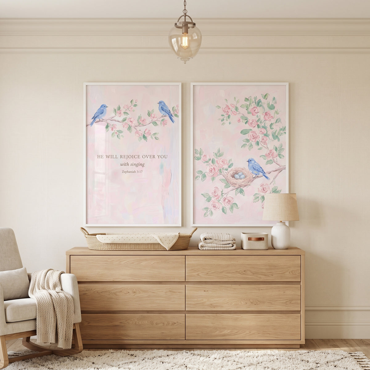 Chic Floral Blue Bird Wall Art Set of 2 - Singing Bluebird Duo