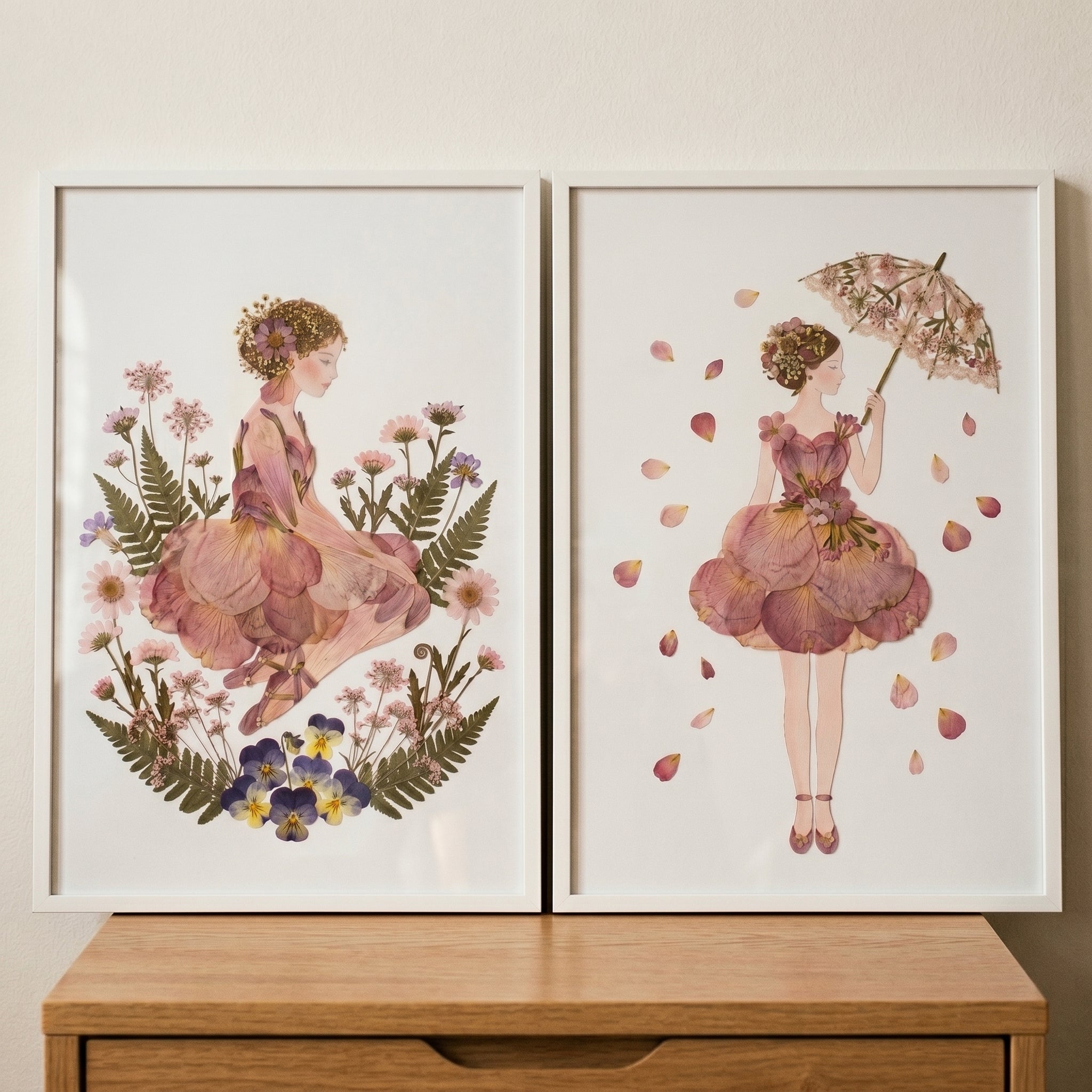 Chic Mauve Botanical Girl Wall Art Set of 2 - Petal Garden Muse