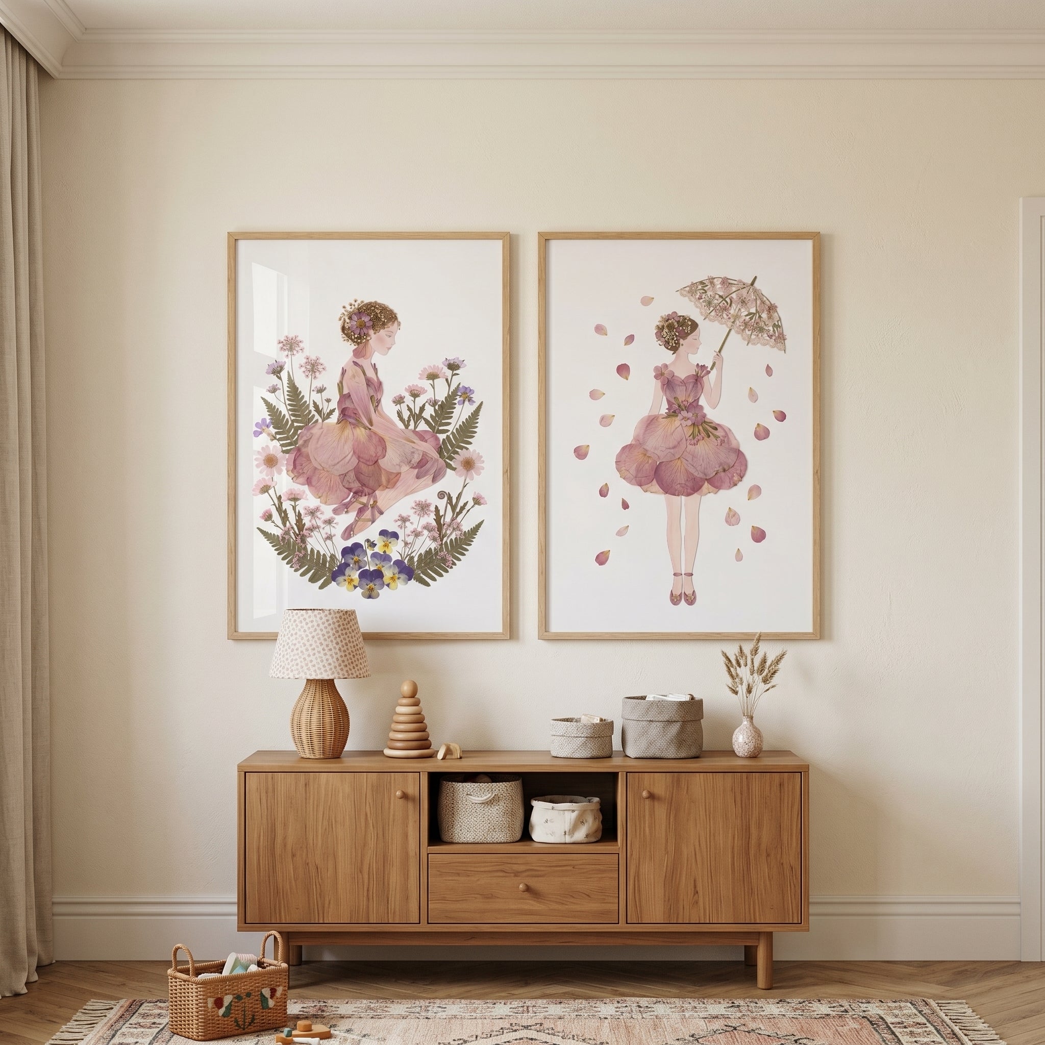 Chic Mauve Botanical Girl Wall Art Set of 2 - Petal Garden Muse