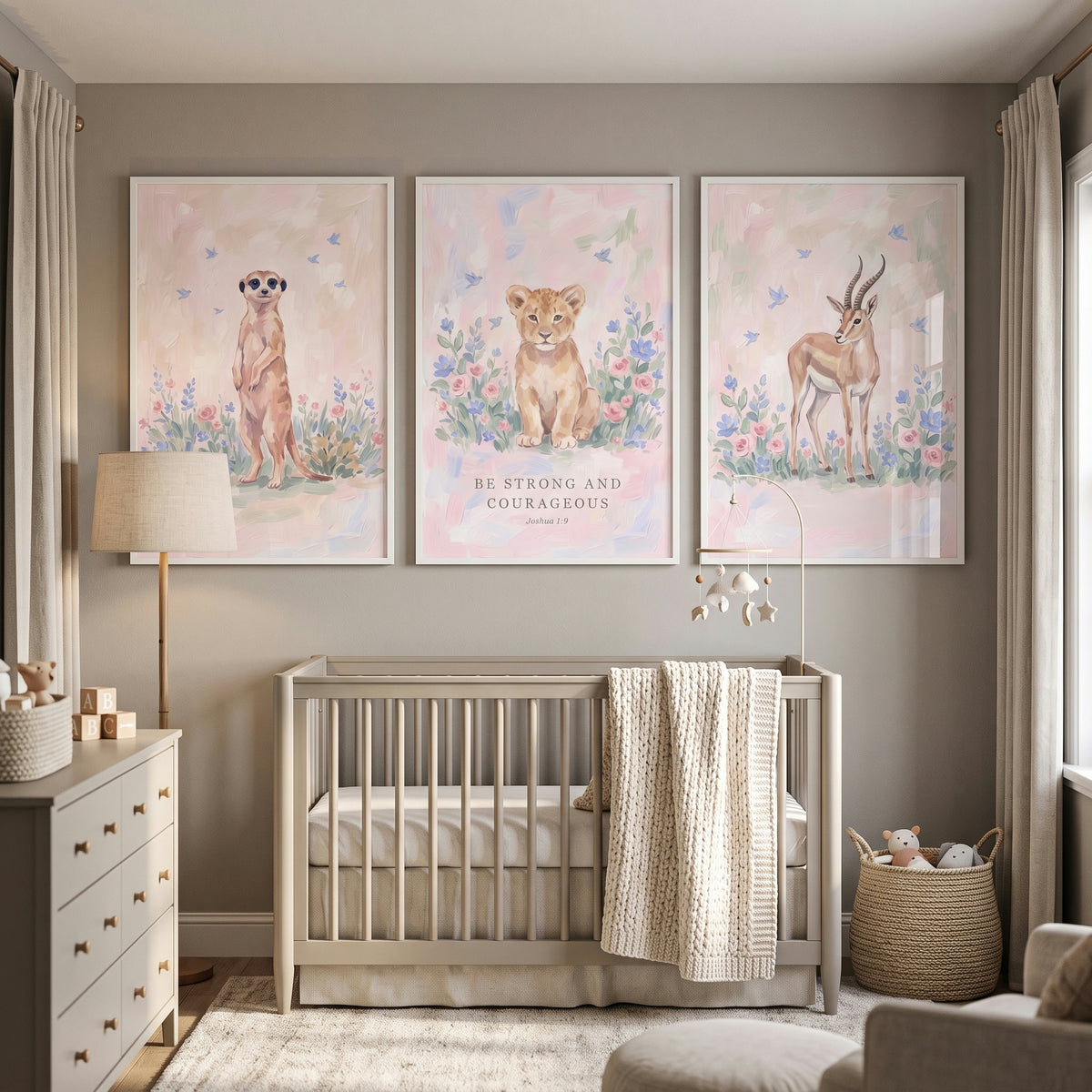 Chic Meadow Safari Animals Wall Art Set of 3 - Brave Savannah Trio