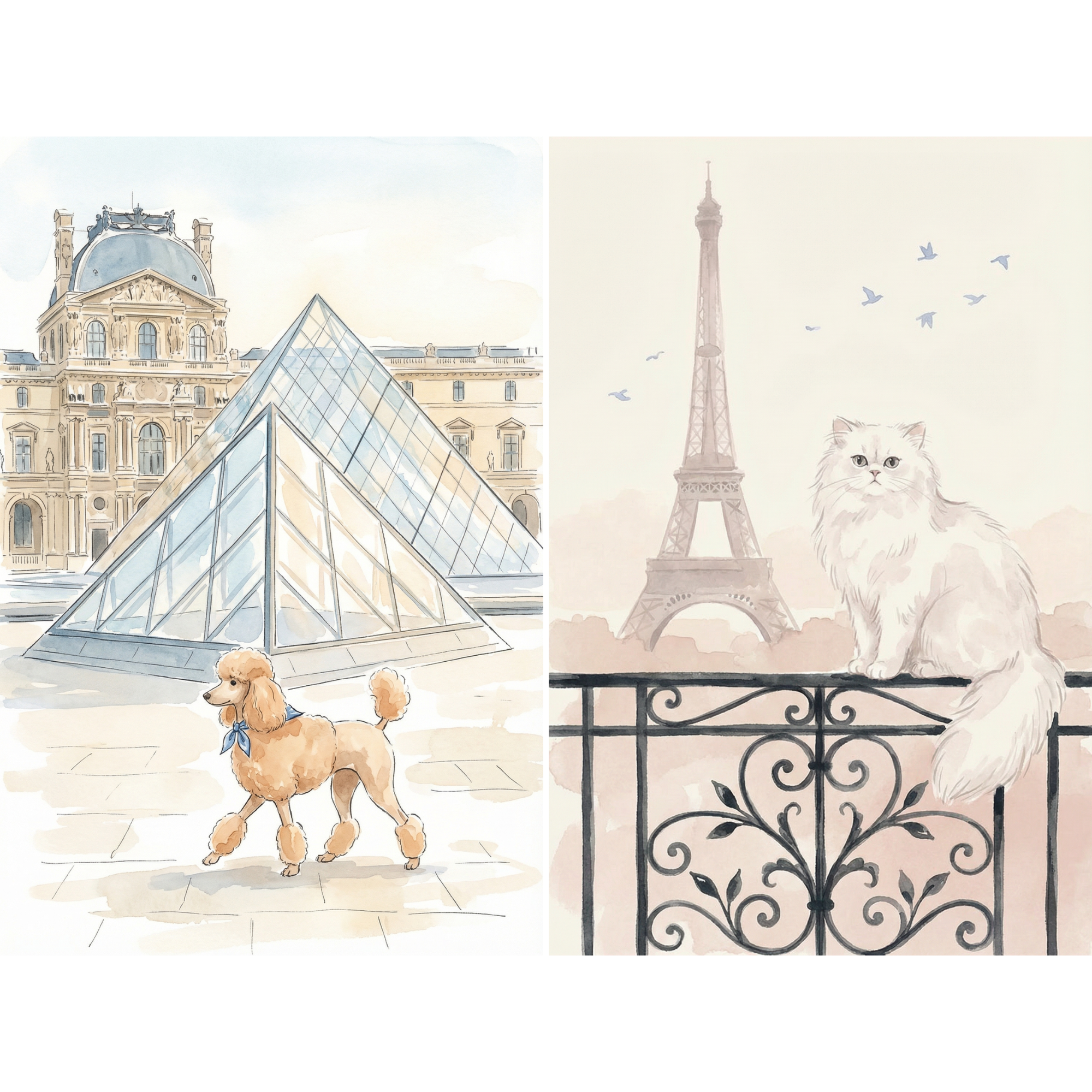 Chic Neutral Parisian Pet Wall Art Set of 2 - Parisian Pet Travels