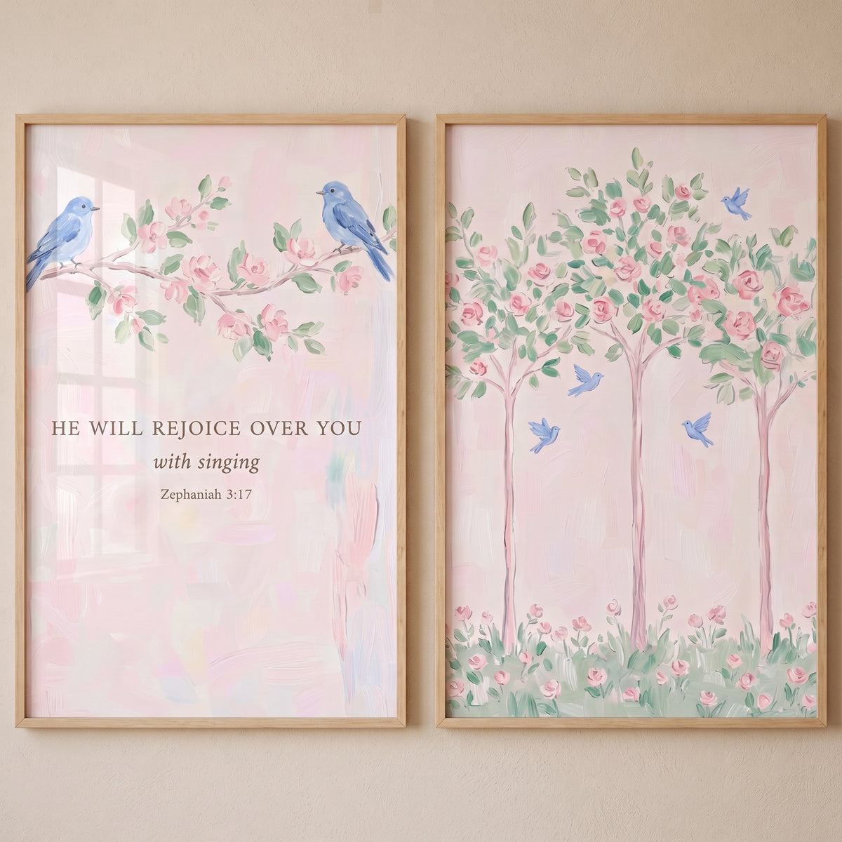 Chic Pastel Blue Bird Wall Art Set of 2 - Joyful Bird Song