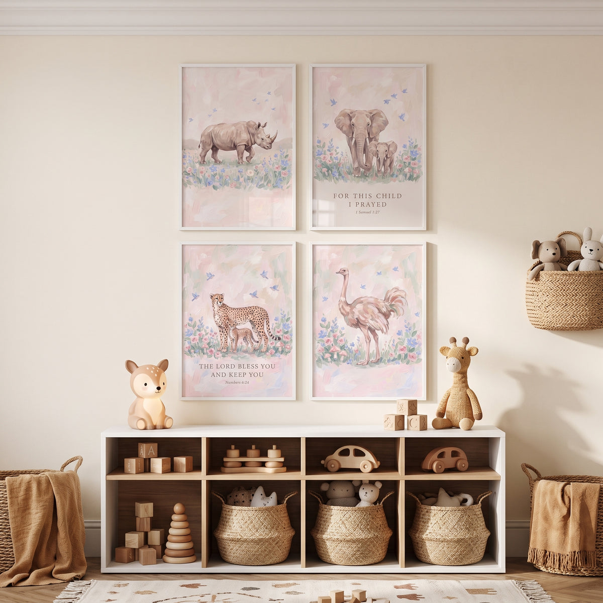 Chic Pink Savanna Animals Artwork Set Of 4 - Gentle Wild Blessings