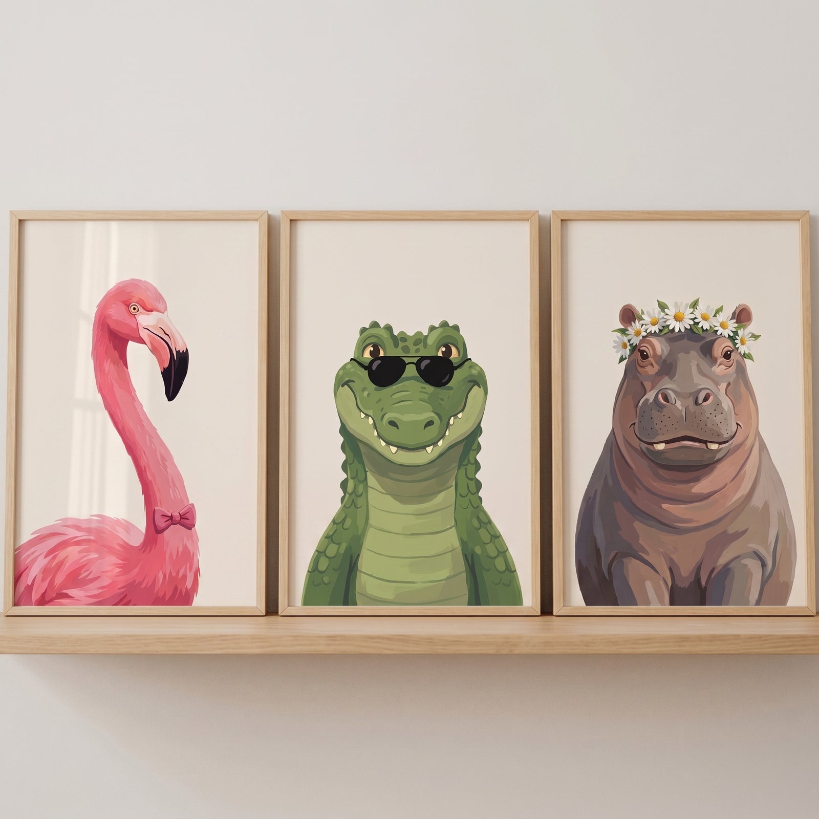 Chic portrait savanna animal artwork set of 3 features a flamingo in a bow tie, a crocodile in shades, and a hippo in.