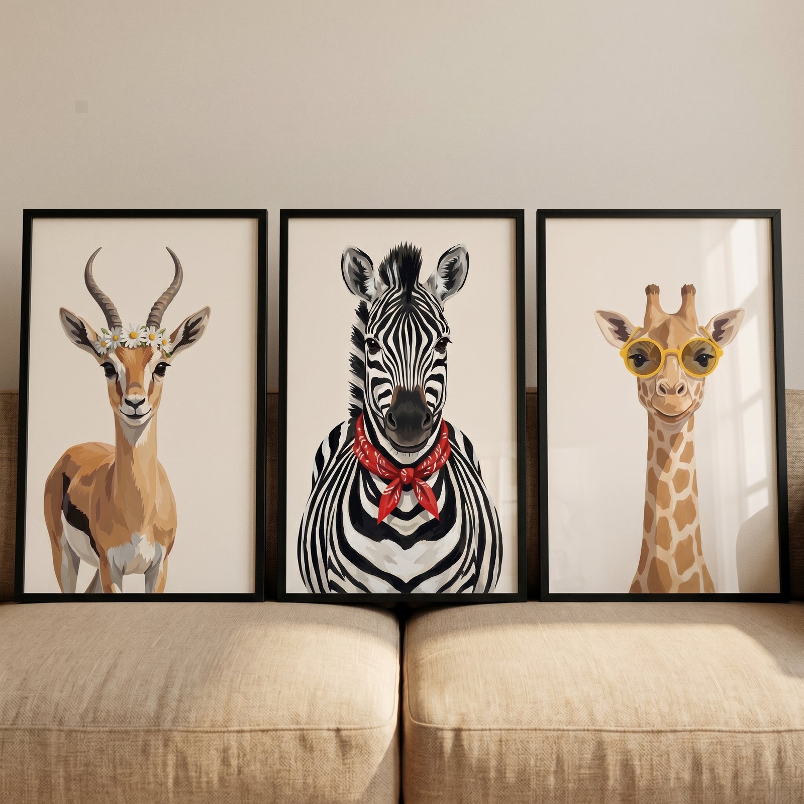 Chic safari animal artwork set of 3 features a gazelle with flowers, a zebra in a bandana, and a giraffe with glasses.