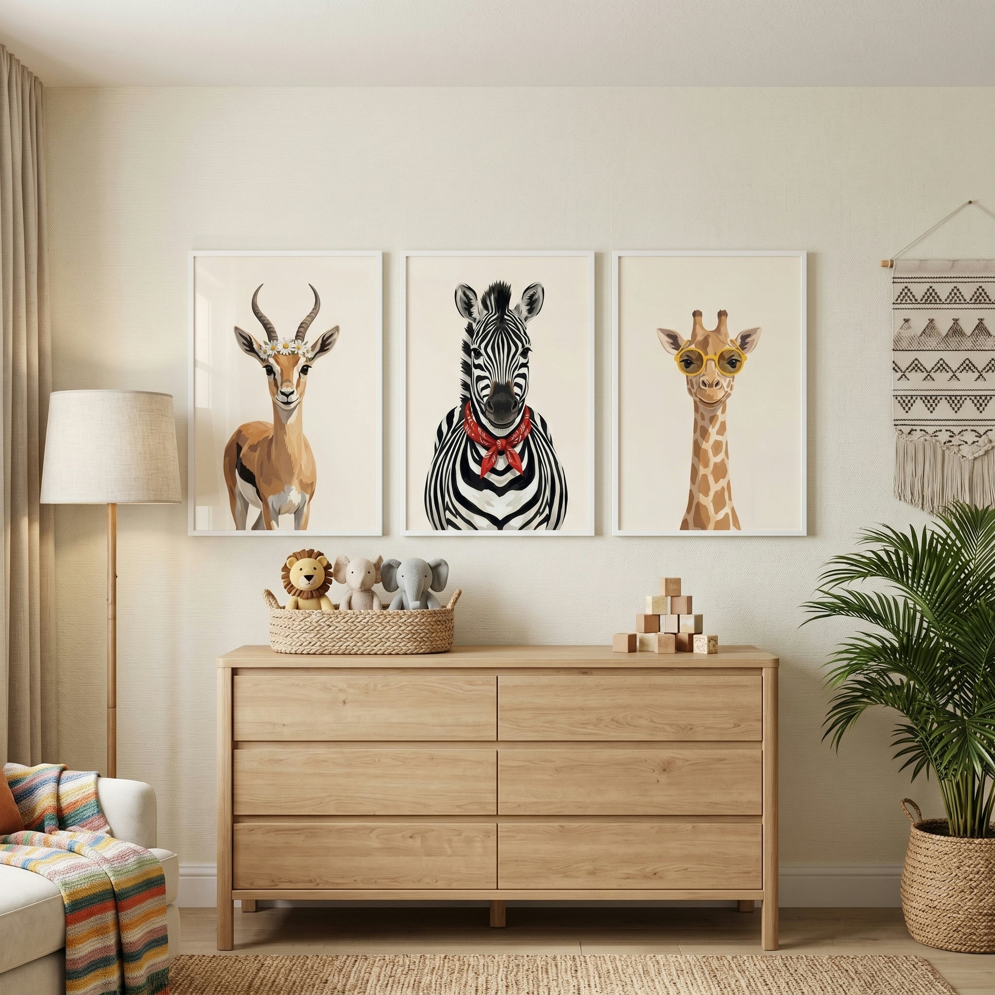 Chic Safari Animal Artwork Set of 3 - Whimsical Wild Friends