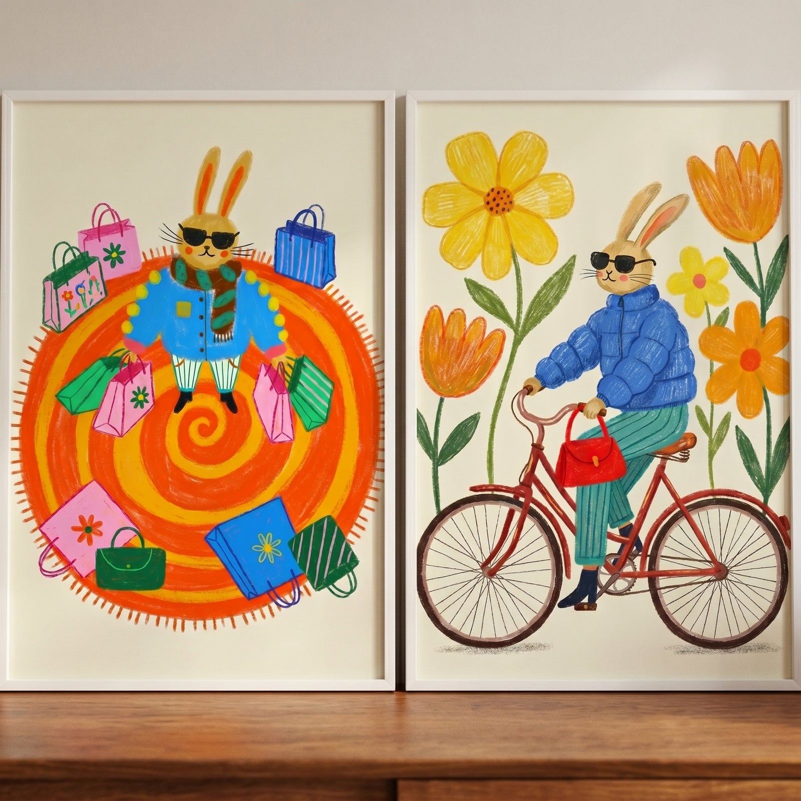 Chic shades wearing rabbit wall art set of 2 features bunnies shopping on a spiral and cycling through giant flowers.