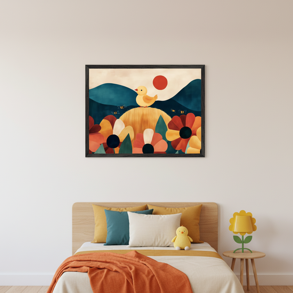Kid's bedroom with a wooden bed and colorful pillows. A large framed wall art hangs above the bed, depicting a yellow chick on a golden hill with vibrant flowers, bees, and a red sun against blue mountains, in a stylized illustration style.