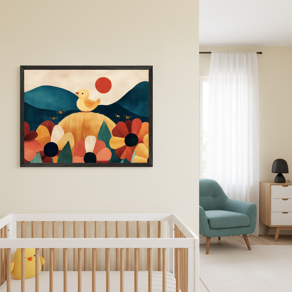 Modern nursery with a large framed print of a stylized yellow duck, bees, red sun, and colorful flowers over blue hills. The art hangs above a white and wood crib. A teal armchair and wooden dresser are on the right.
