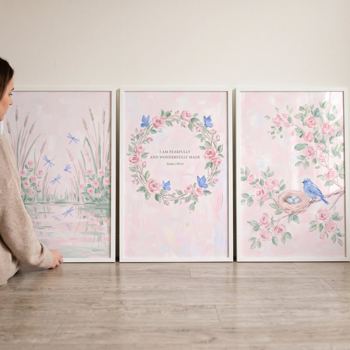Chiffon Blush Garden Rose Wall Art Set Of 3 - Serene Garden Trio