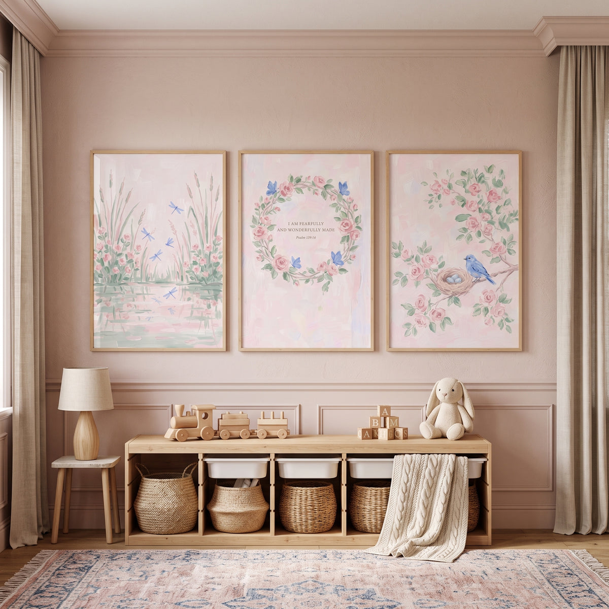 Chiffon Blush Garden Rose Wall Art Set Of 3 - Serene Garden Trio