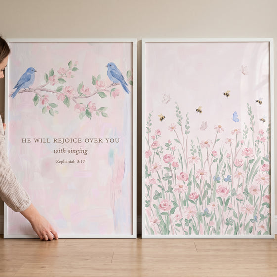 Chiffon pink watercolor garden wall art set of 2 with blue birds, a Bible verse, and a meadow of flowers and bees.