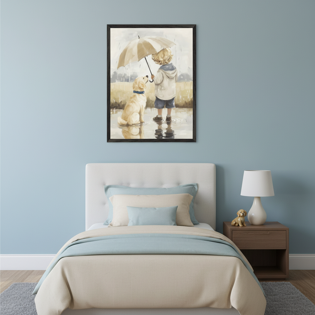 Kid's bedroom with a white upholstered bed and a nightstand. A framed illustration of a blonde child holding an umbrella over a golden retriever in a puddle hangs above the bed.