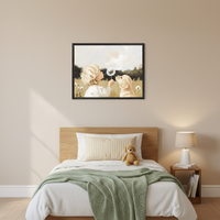 Kid's bedroom with a wooden bed and green knit throw. A framed painting of a blonde child blowing a dandelion to a golden retriever hangs centered above the bed. A nightstand with a lamp is beside the bed.