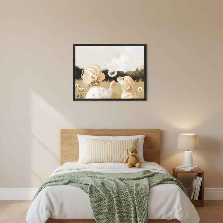 Kid's bedroom with a wooden bed and green knit throw. A framed painting of a blonde child blowing a dandelion to a golden retriever hangs centered above the bed. A nightstand with a lamp is beside the bed.