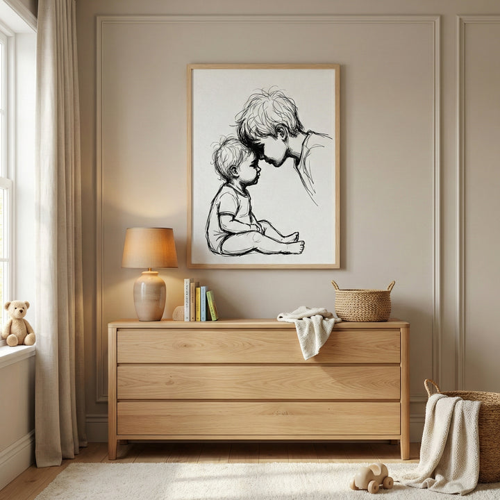 Framed black-and-white sibling wall art displayed above a dresser in a softly lit nursery, showing an older child and a baby sharing a gentle forehead-to-forehead moment. The artwork adds warmth and meaning to family-themed wall art collections.