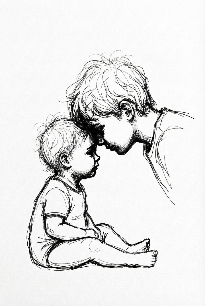 Minimalist line drawing of a young child sitting on the floor with an older sibling gently touching foreheads in a quiet, loving moment. This emotional wall art captures the tender bond between siblings through expressive sketch-style lines.