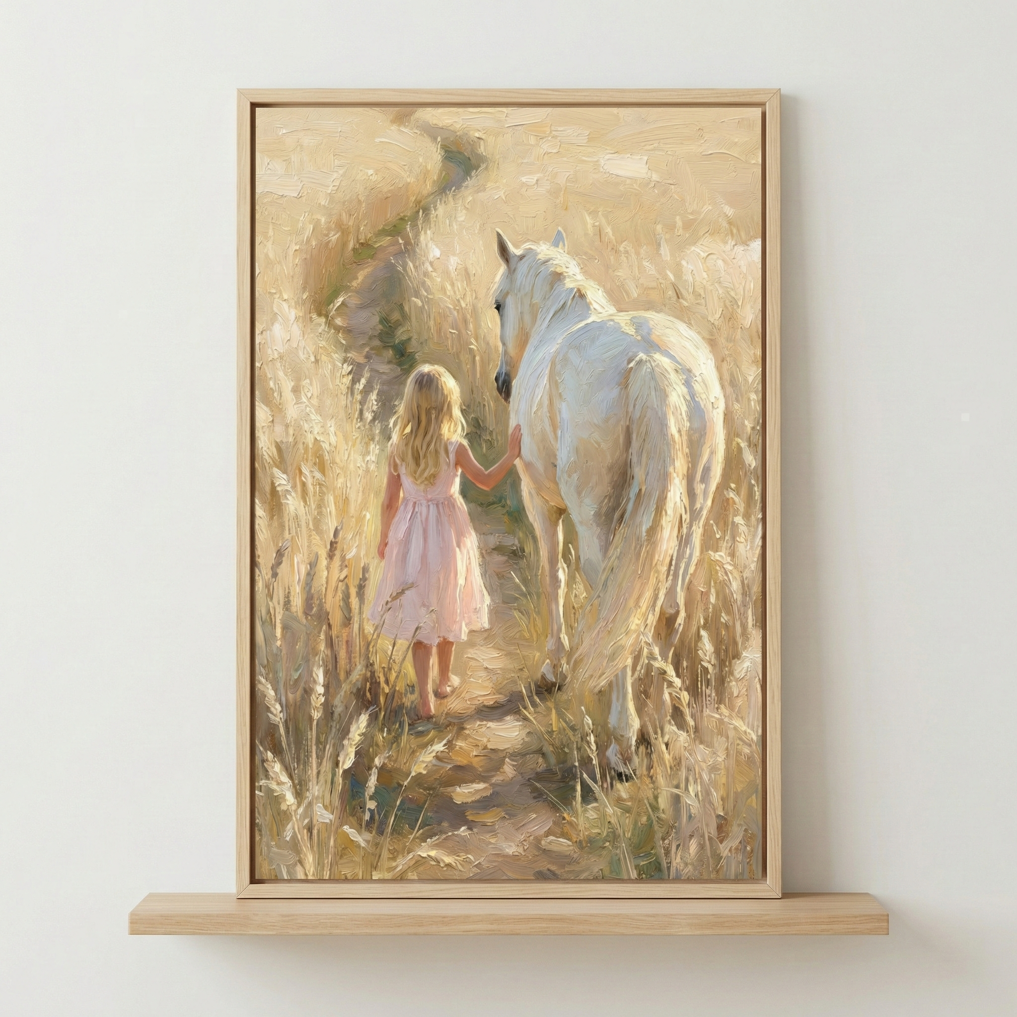 A painting depicts a young girl in a pink dress walking hand in hand with a white horse along a narrow path through a golden wheat field, bathed in soft sunlight.