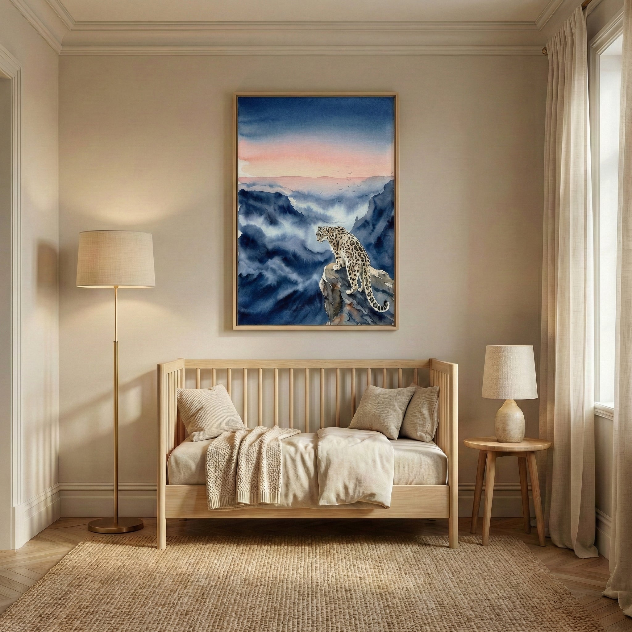 A cozy room features a wooden daybed with beige cushions and a knit blanket, a standing lamp, and a small side table with a lamp. A large painting above the bed depicts a girl in a pink dress walking with a white horse through a field. The room is softly lit by natural light from a window with sheer curtains.